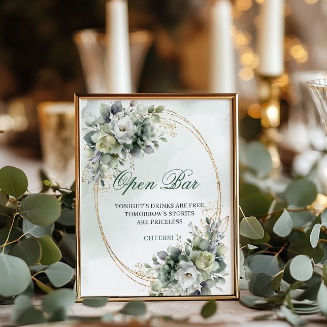 Boho Dusty Green Eucalyptus Open Bar Tabletop Sign (Boho Dusty Green Eucalyptus Open Bar Tabletop Sign)