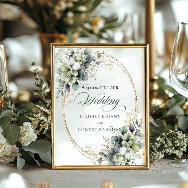 Boho Dusty Green Eucalyptus Tabletop Wedding Welco Poster (Boho Dusty Green Eucalyptus Tabletop Wedding Welcome)