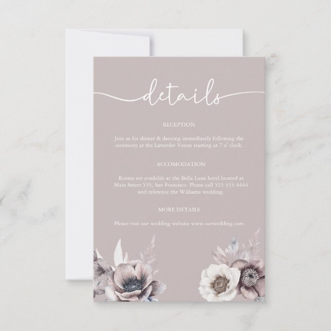 Boho Dusty Mauve Details Wedding Enclosure Card (Front)