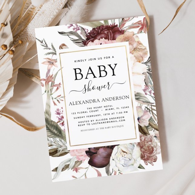 Boho Dusty Pink Burgundy Baby Shower Invitation (Creator Uploaded)