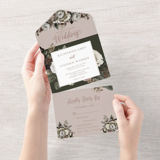 Boho Dusty Pink Floral Bouquet Wedding All In One Invitation (Tearaway)