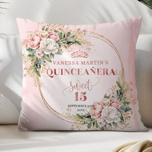 Boho Dusty Pink Floral Greenery Sweet 15 Birthday Throw Pillow