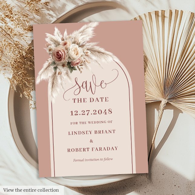 Boho Dusty Pink Floral Pampas Grass Save the Date Invitation (Boho Dusty Pink Floral Pampas Grass Save the Date)