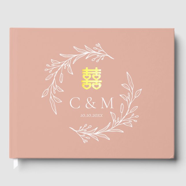 Boho dusty pink leaf wreath modern Chinese wedding Guest Book (Front)