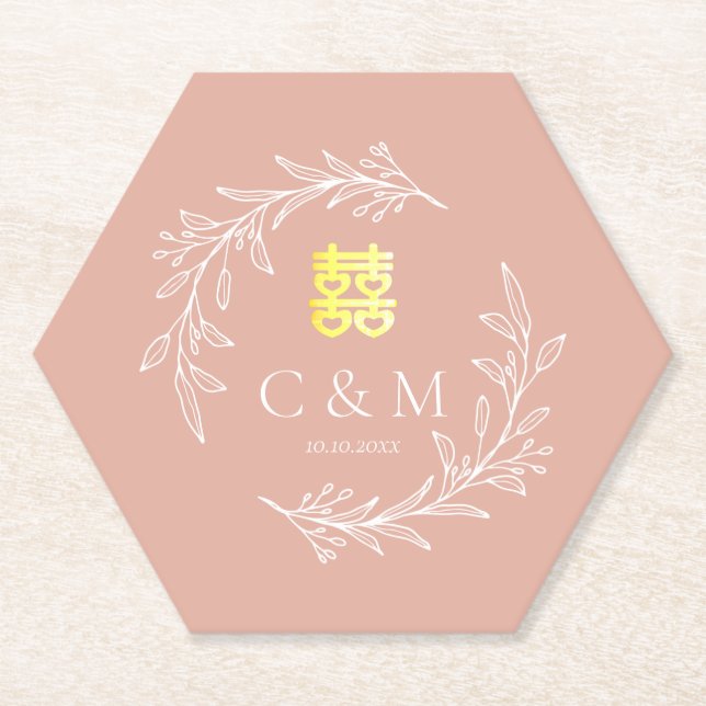 Boho dusty pink leaf wreath modern Chinese wedding Paper Coaster (Front)