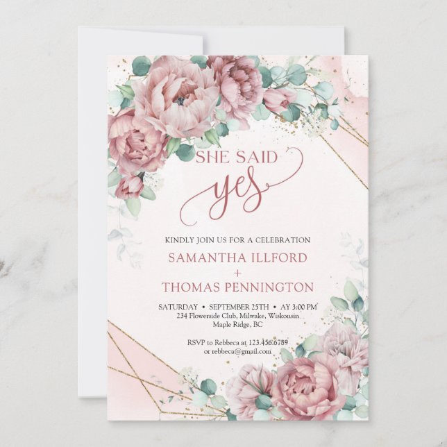 Boho dusty pink peonies eucalyptus she said yes in invitation (Front)
