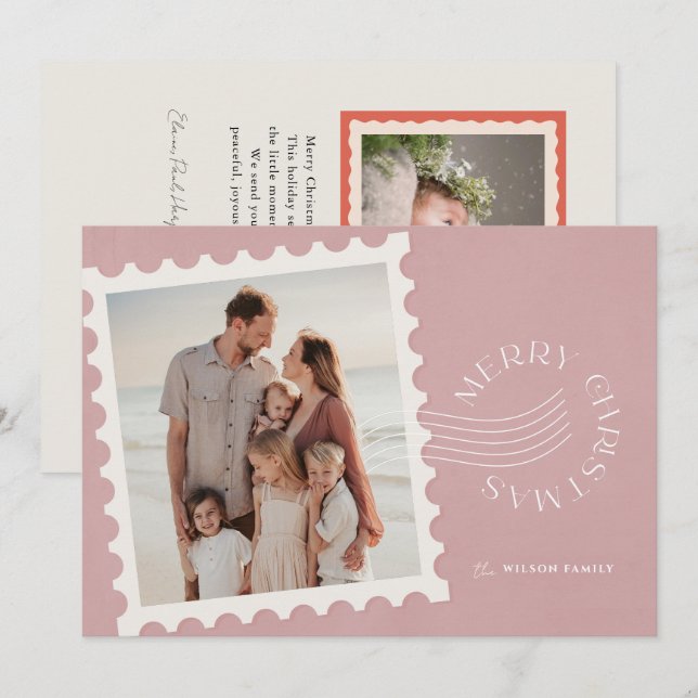Boho Dusty Pink Stamp 2 Photo Christmas Holiday Card (Front/Back)