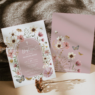 Boho Dusty Pink Wildflower Meadow Baptism  Invitation
