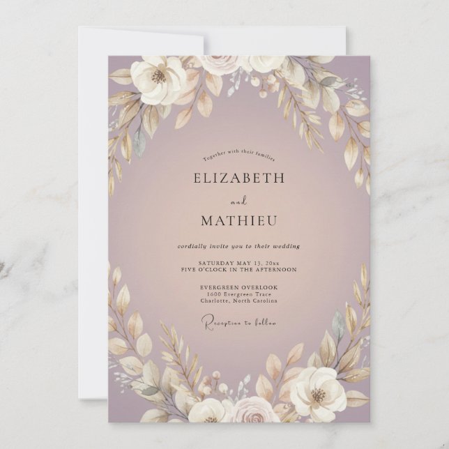 Boho Dusty Plum Leafy Wedding Invitation (Front)