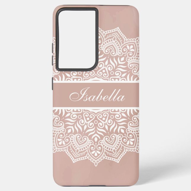 Boho Dusty Rose and White Mandala Custom Name Samsung Galaxy S21+ Case (Back)