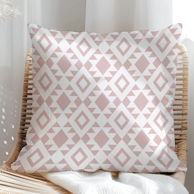 Boho Dusty Rose and White Navajo Throw Pillow (Boho Dusty Rose and White Navajo Throw Pillow in a sunny rattan armchair.)
