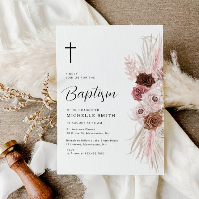 boho dusty rose floral baptism invitation (Creator Uploaded)