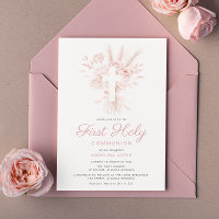boho dusty rose floral first communion invitation