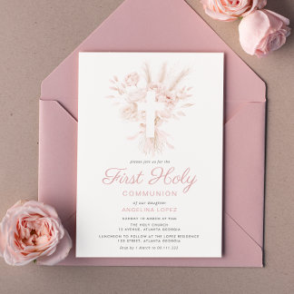 boho dusty rose floral first communion invitation