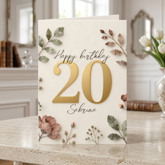 Boho Dusty Rose Floral Gold 20th Birthday Card