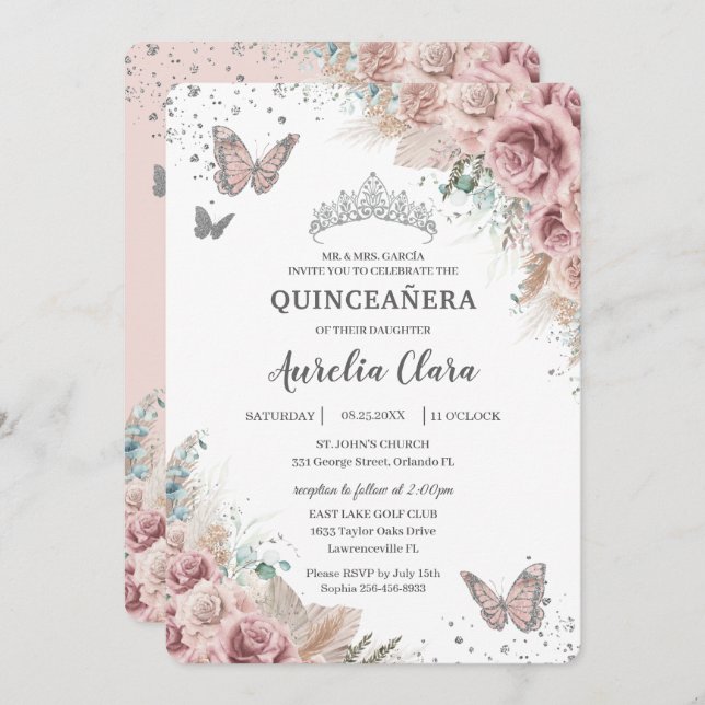 Boho Dusty Rose Floral Pampas Silver Quinceañera Invitation (Front/Back)
