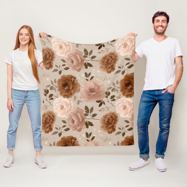 Boho Dusty Rose Flower Beige Floral Pattern Fleece Blanket (In Situ)