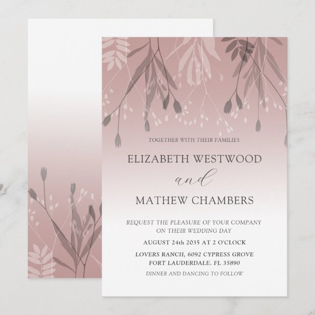 Boho Dusty Rose Gold Pressed Foliage Wedding  Invitation (Front/Back)