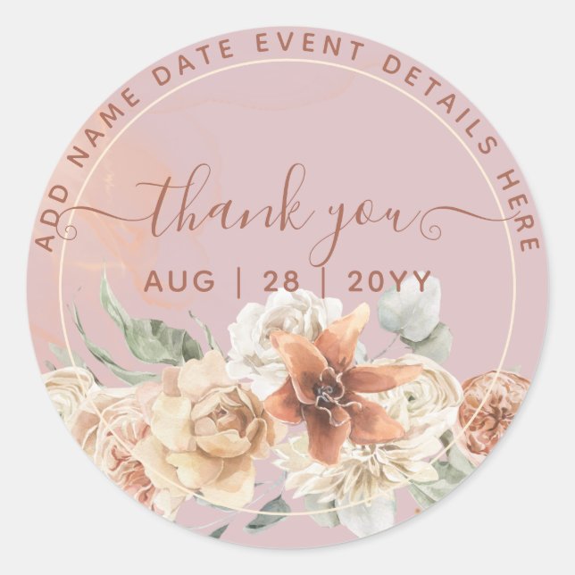 Boho Dusty Rose Pampas Grass Thank You Favour      Classic Round Sticker (Front)