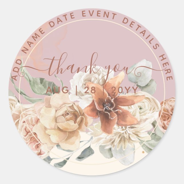 Boho Dusty Rose Pampas Grass Thank You Favour      Classic Round Sticker (Front)