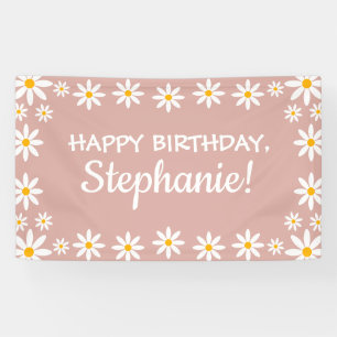 Boho Dusty Rose Pink Retro Daisies Birthay Party Banner