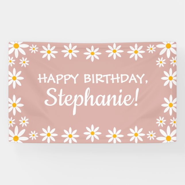 Boho Dusty Rose Pink Retro Daisies Birthay Party Banner (Horizontal)