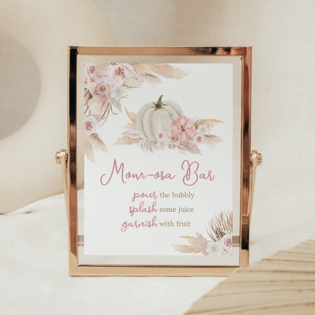 Boho Dusty Rose Pumpkin Baby Shower Mom Osa Bar Poster (Pink Floral Pumpkin Baby Shower Mom Osa Bar Sign)