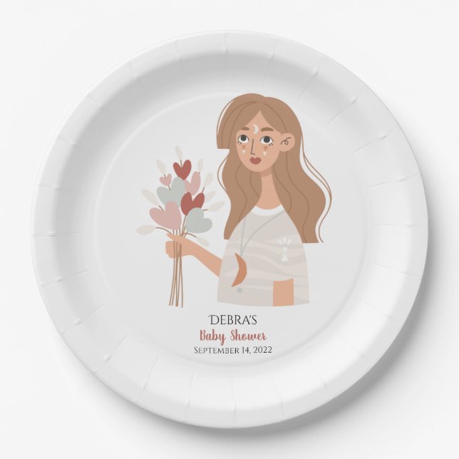 Boho earth mother brown hair bouquet of hearts  paper plate (Front)