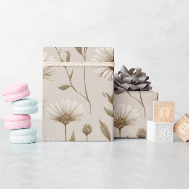 Boho Earth Tone Daisy Tan Floral Pattern Wrapping Paper (Baby Shower)