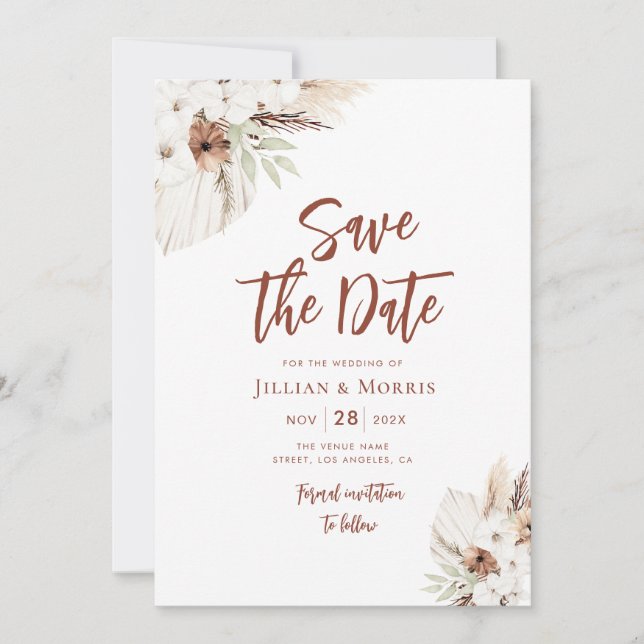 boho earthtone terracotta pampas save the date invitation (Front)