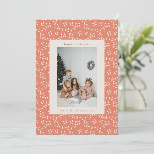 Boho Earthy Botanical Border Custom Photo  Holiday Card (Standing Front)