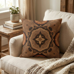 Boho Earthy Brown Tribal Mandala Kaleidoscope Throw Pillow
