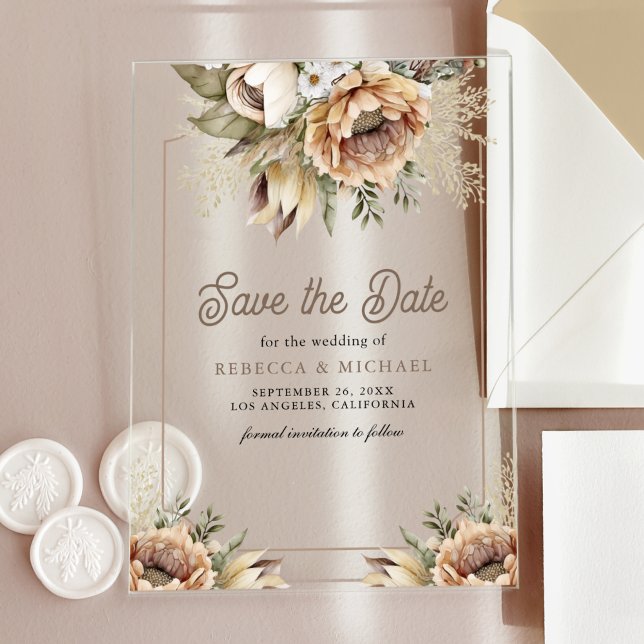 Boho Earthy Floral Taupe Wedding Save the Date Acrylic Invitations (Creator Uploaded)