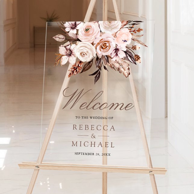 Boho Earthy Ivory Floral Wedding Welcome Acrylic Sign (Creator Uploaded)