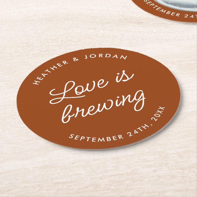 Boho Earthy Love Is Brewing Rust Wedding Reception Round Paper Coaster (Angled)