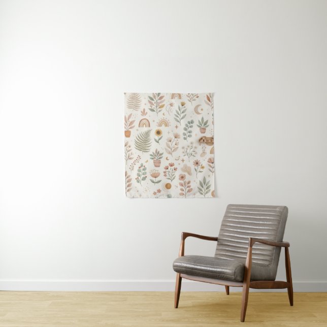Boho Earthy Rainbow Botanical Nursery Wall  Tapestry (In Situ)