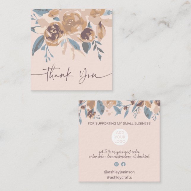 Boho earthy tone floral watercolor order thank you square business card (Front/Back)
