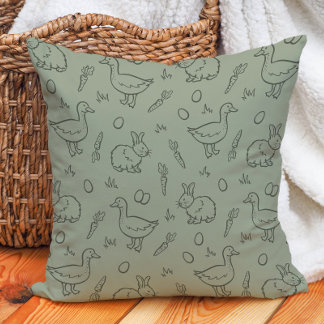 Boho Easter Bunny Rabbit Goose Spring Sage Green Throw Pillow