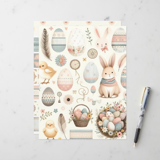 Boho Easter Ephemera Scrapbook Paper (Front/Back In Situ)