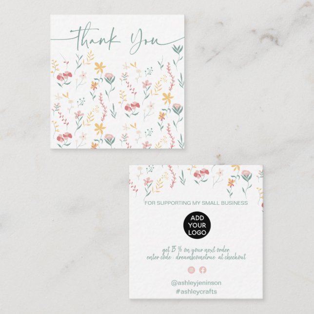 Boho editable floral pattern order thank you square business card (Front/Back)