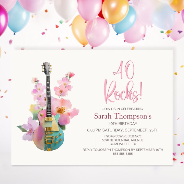 Boho Electric Guitar Pink Floral 40th Birthday Invitation (Creator Uploaded)