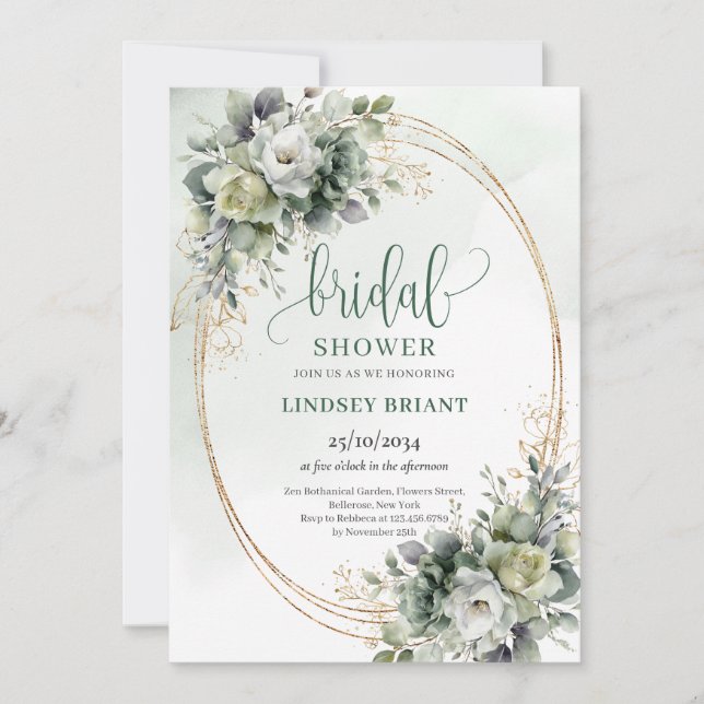 Boho Elegance Greenery Gold Bridal Shower Invites (Front)