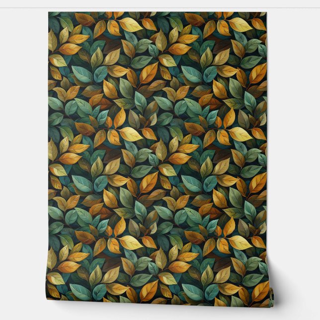 Boho Elegant autumn leaves green orange yellow Wallpaper (Unrolling)