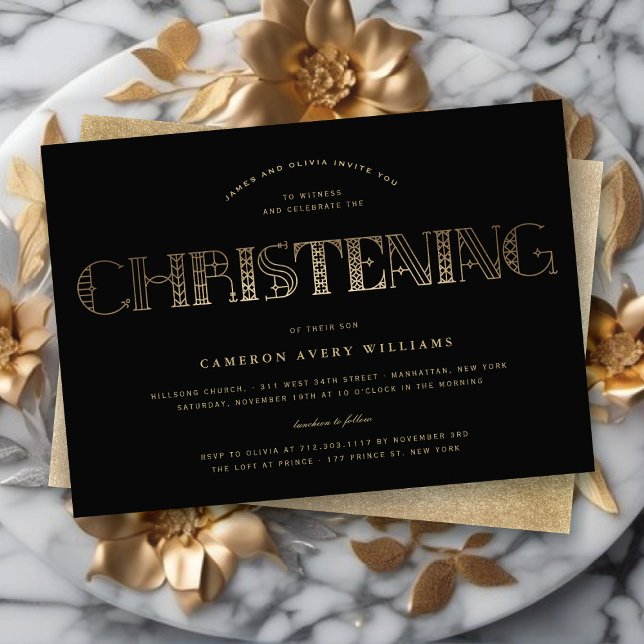 Boho Elegant Chic Gold/Black Christening Religious Invitation (Boho Elegant Chic Gold/Black Christening Religious Invitation @ fat_fa_tin)