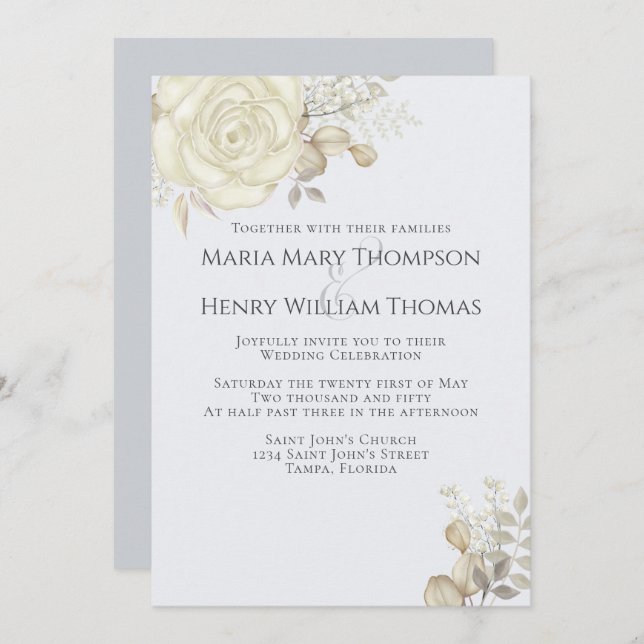 Boho Elegant Floral Light Blue White Roses Simple Invitation (Front/Back)