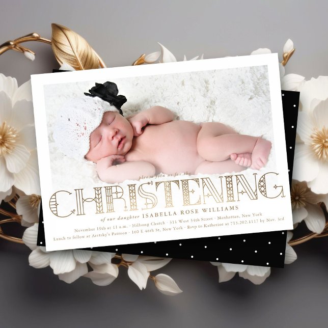 Boho Elegant Gold Foil Christening Photo Invite (Boho Elegant Faux Gold Foil Stylish Chic Modern Christening Religious Photo Invitation @ fat_fa_tin)