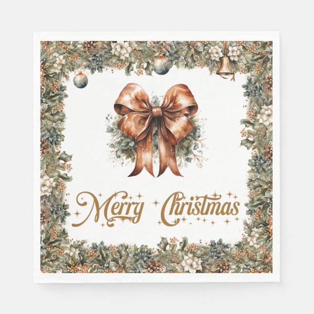 Boho Elegant greenery and gold Christmas ribbon Napkin (Front)