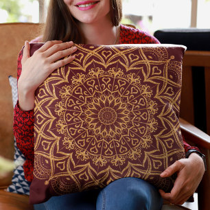 Boho Elegant Maroon Red and Gold Mandala Throw Pillow