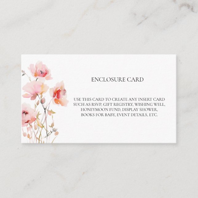 BOHO ELEGANT PINK BLUSH WATERCOLOR WILD FLOWERS ENCLOSURE CARD (Front)