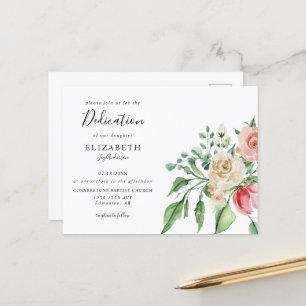 Boho Elegant Pink Rose Watercolor Baby Dedication Postcard
